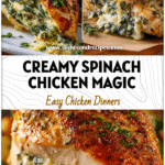 Golden oven baked spinach artichoke stuffed chicken breast served as a healthy low carb dinner with vegetables.